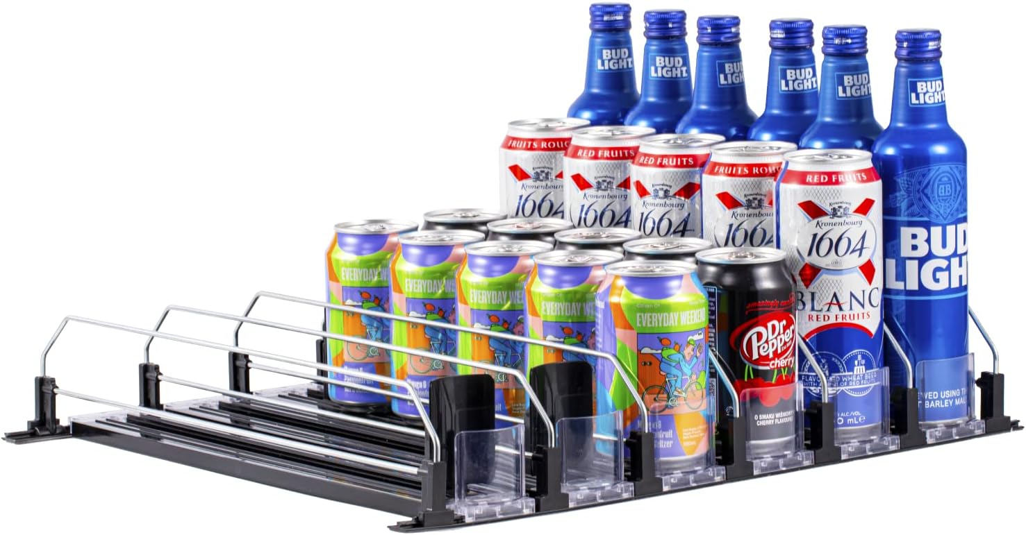 RULA Organizador de bebidas para refrigerador, dispensador de latas de soda autoempujable para refrigerador, ancho ajustable, empujador de botella
