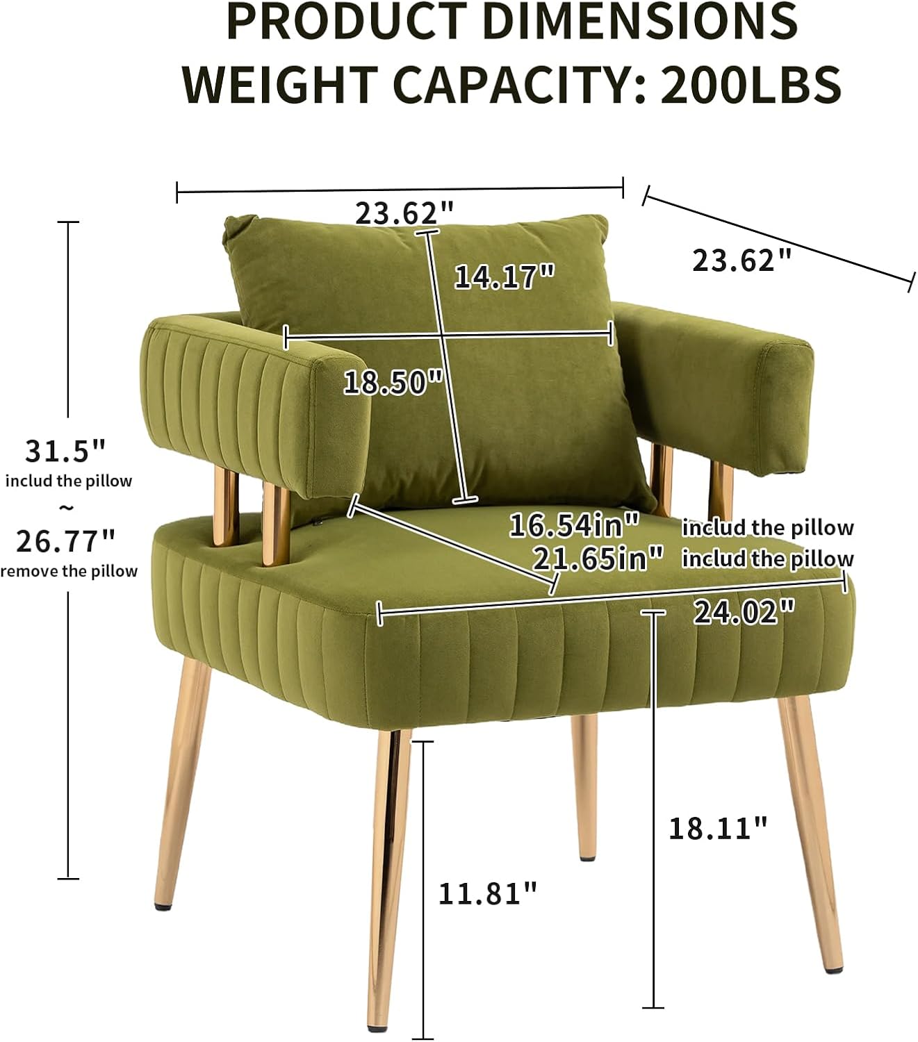 Sillón moderno y decorativo, cómodo sillón tapizado de terciopelo con almohada, respaldo abierto con patas doradas, sillón de lectura para sala de