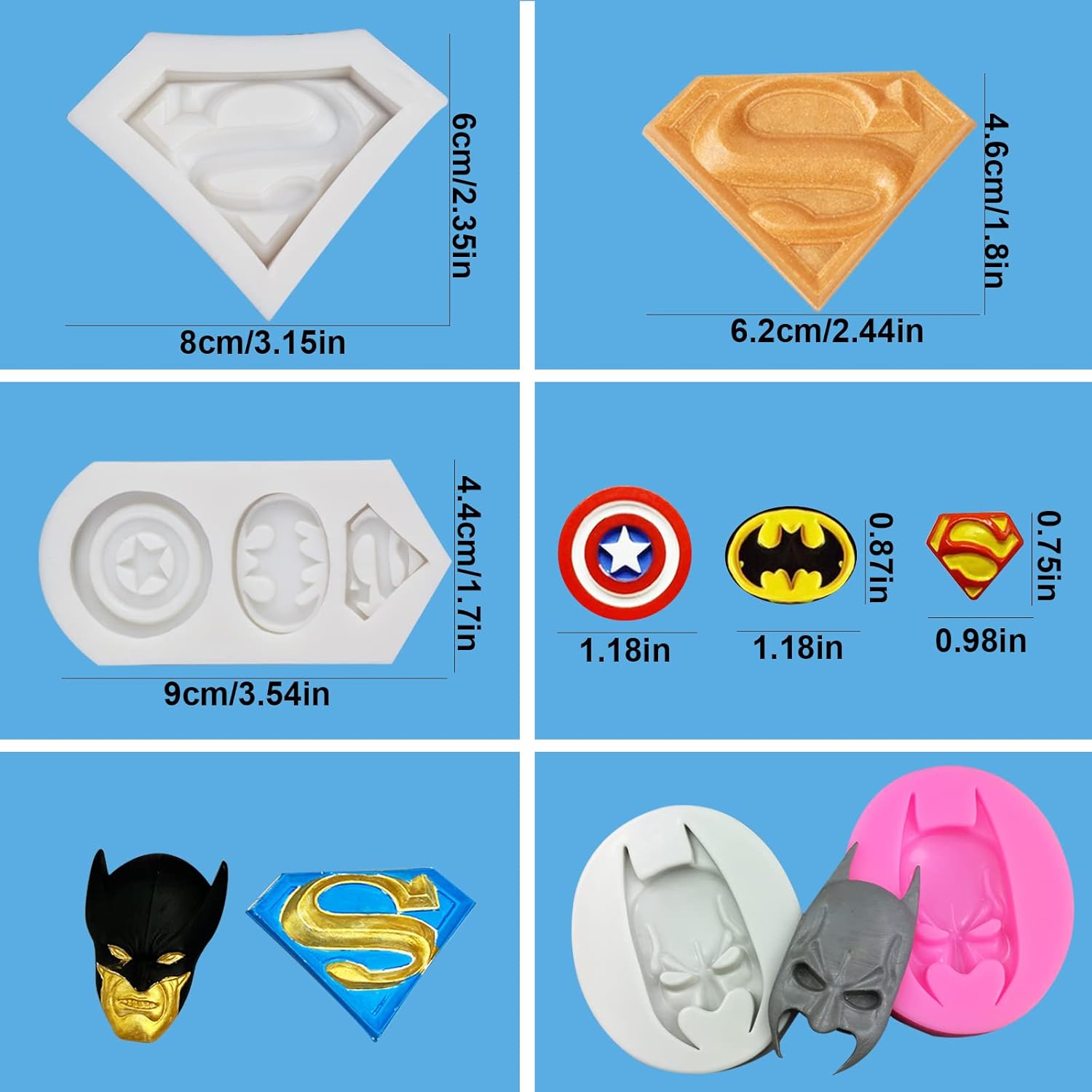 8 moldes de silicona para fondant de superhéroes, película de dibujos animados, molde de silicona para fondant, molde de caramelo de chocolate para