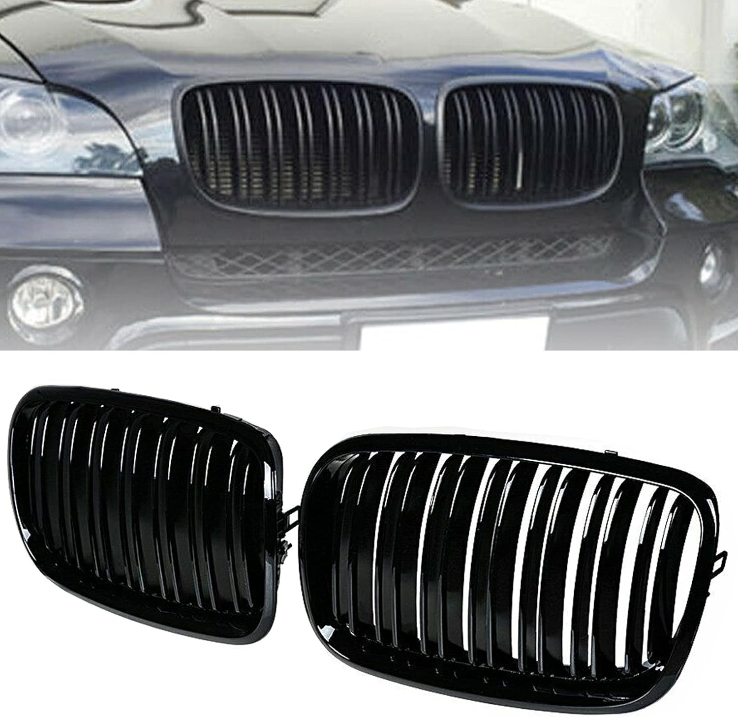Parrilla de riñón para parachoques delantero, color negro brillante, compatible con BMW X5 E70 X6 E71 2007-2014 doble listón doble línea