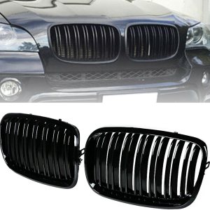 Parrilla de riñón para parachoques delantero, color negro brillante, compatible con BMW X5 E70 X6 E71 2007-2014 doble listón doble línea Parrilla de riñón para parachoques delantero, color negro brillante, compatible con BMW X5 E70 X6 E71 2007-2014 doble listón doble línea