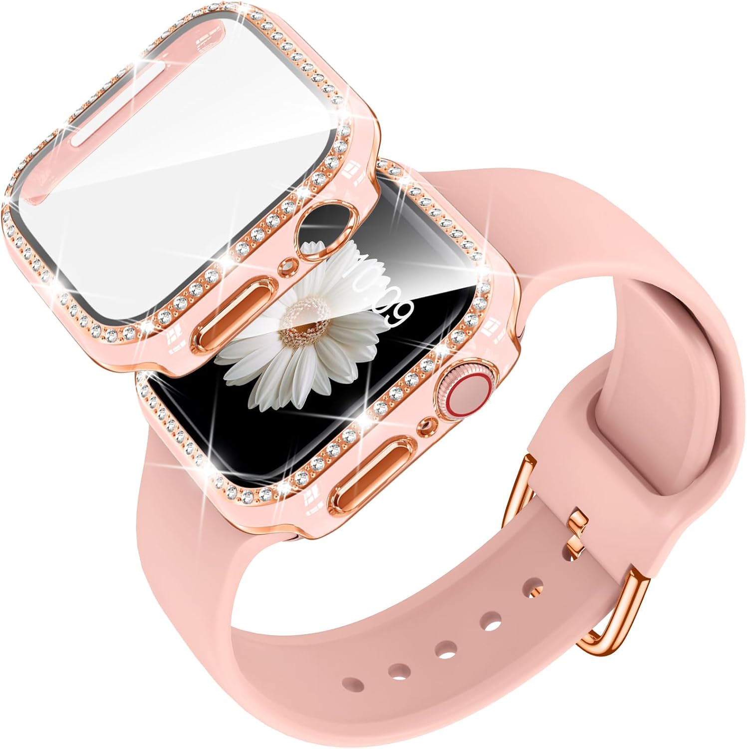 DABAOZA Correa de reloj compatible con Apple Watch con funda de parachoques con purpurina, correa de silicona suave y cómoda con hebilla para iWatch