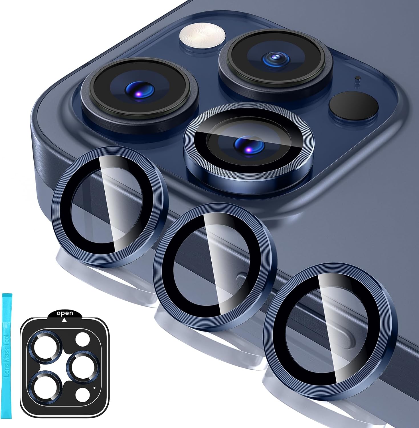 Tensea Protector de lente de cámara para iPhone 15 ProiPhone 15 Pro Max, protector de pantalla de vidrio templado 9H, anillo individual de metal