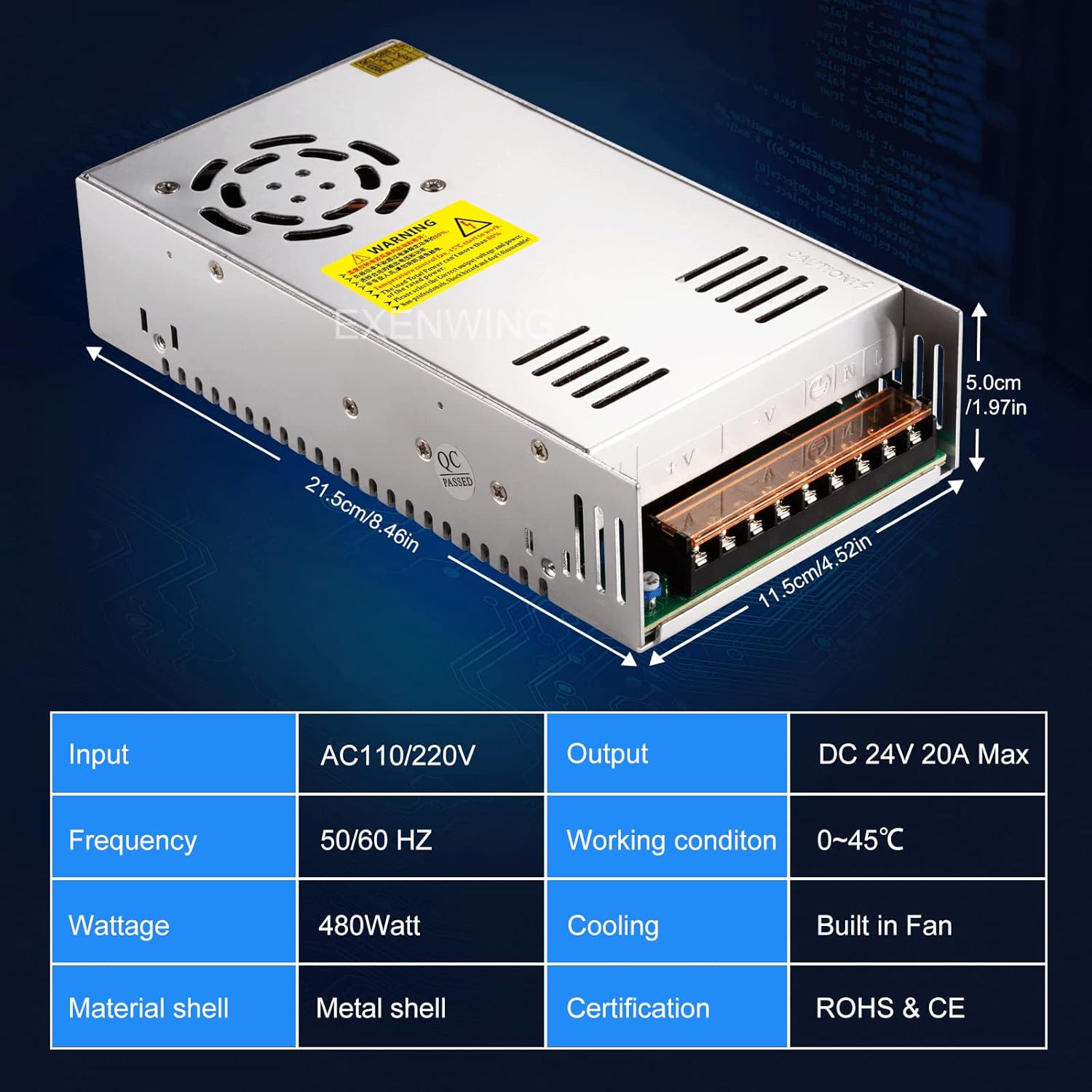 Fuente de alimentación conmutada de 24 V CC 480 vatios, 110 V220 V CA a 24 V CC 20 A, adaptador de convertidor de voltaje universal regulado para