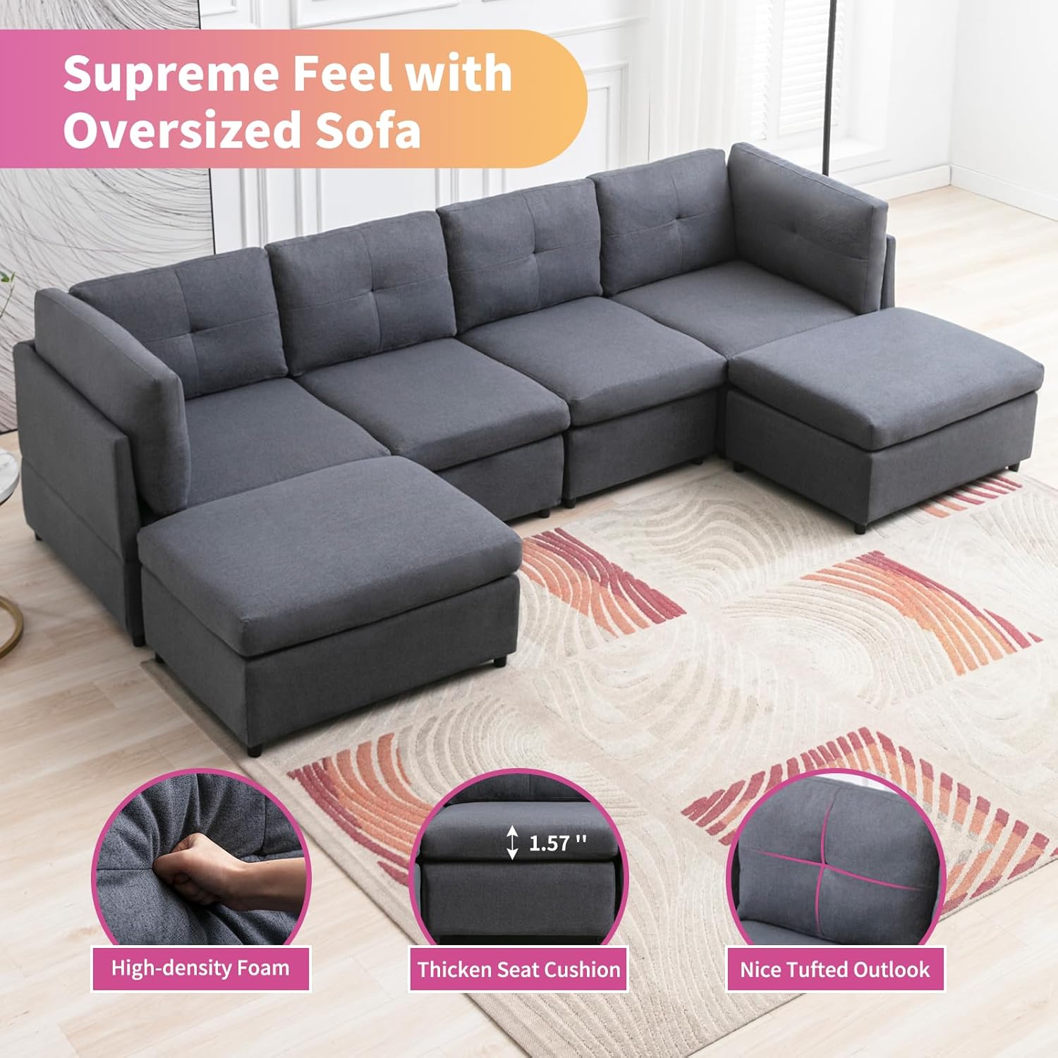FRETSAE Sofá modular seccional, sofá convertible en forma de U con otomanas extraíbles, diseño capitoné, sofá modular de 6 asientos para sala de