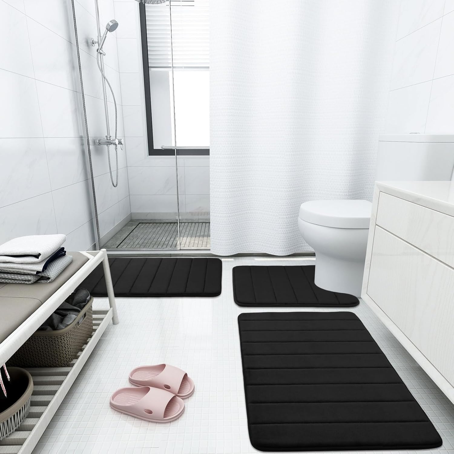Buganda – Juego de 3 alfombras de baño con espuma viscoelástica gruesa y suave, absorbentes, antideslizantes, lavables, distintos tamaños