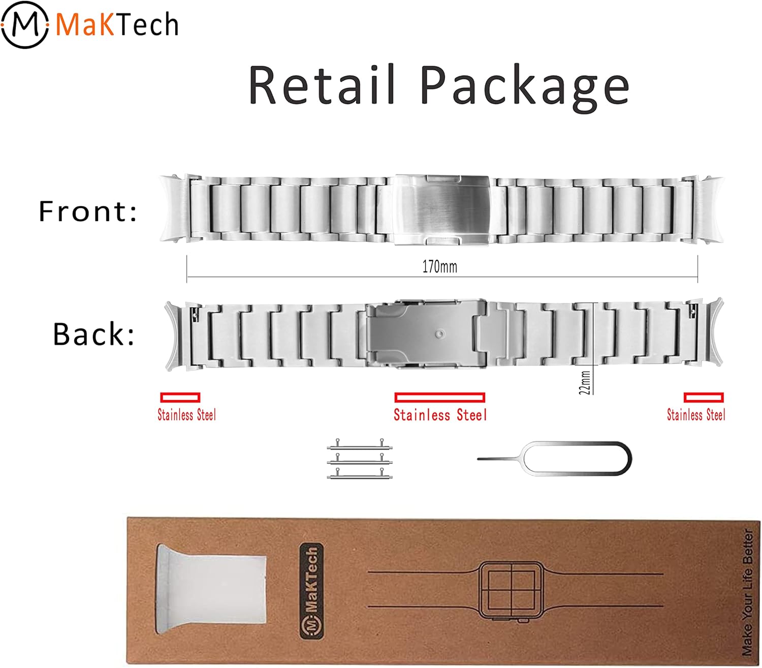 MaKTech Titanium Band for Samsung Galaxy Watch 654,No Gap Metal Bracelet Strap with Tortoise Buckle,for Galaxy Watch 6-43474044mm,Galaxy Watch
