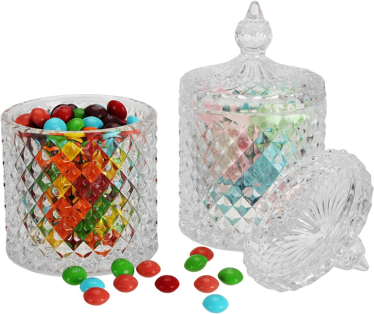 Hedume Paquete de 4 tarros facetados de diamantes de cristal con tapa de cristal, juego de organización de almacenamiento de alimentos de vidrio