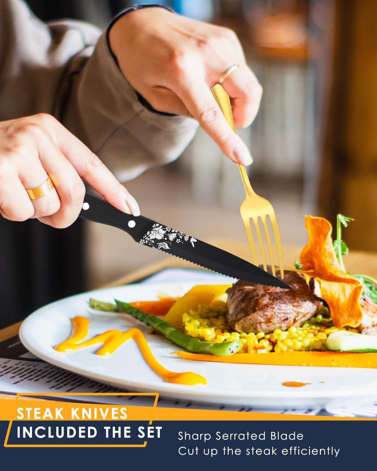 Stapava Juego de cubiertos dorados de 53 piezas con utensilios para servir, cubiertos dorados de acero inoxidable, utensilios para comer con espejo