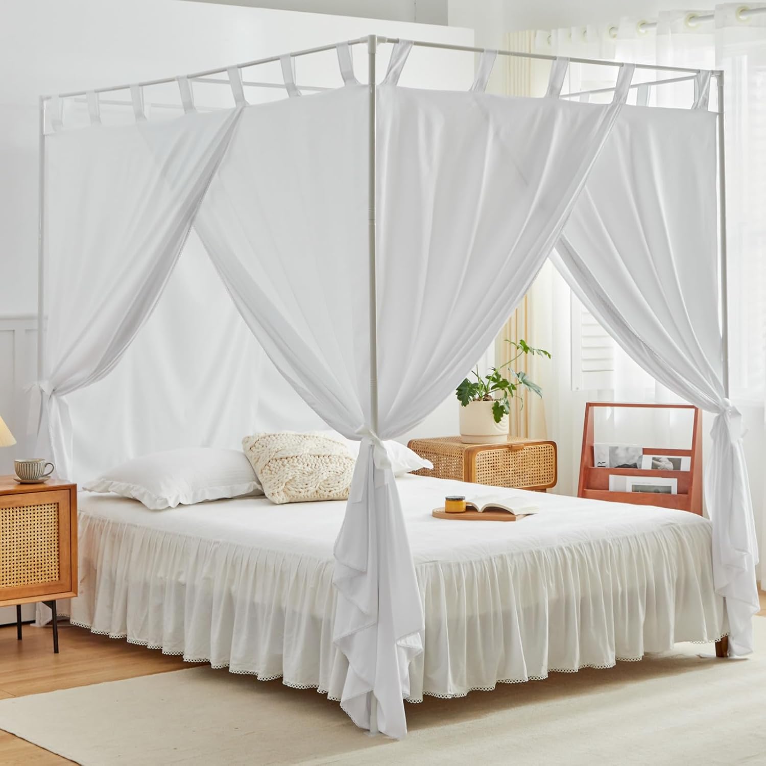 AIKASY Cortinas de cama blancas con lazos superiores y alzapaños para decoración de dormitorio, cortinas de cama de tamaño individual con