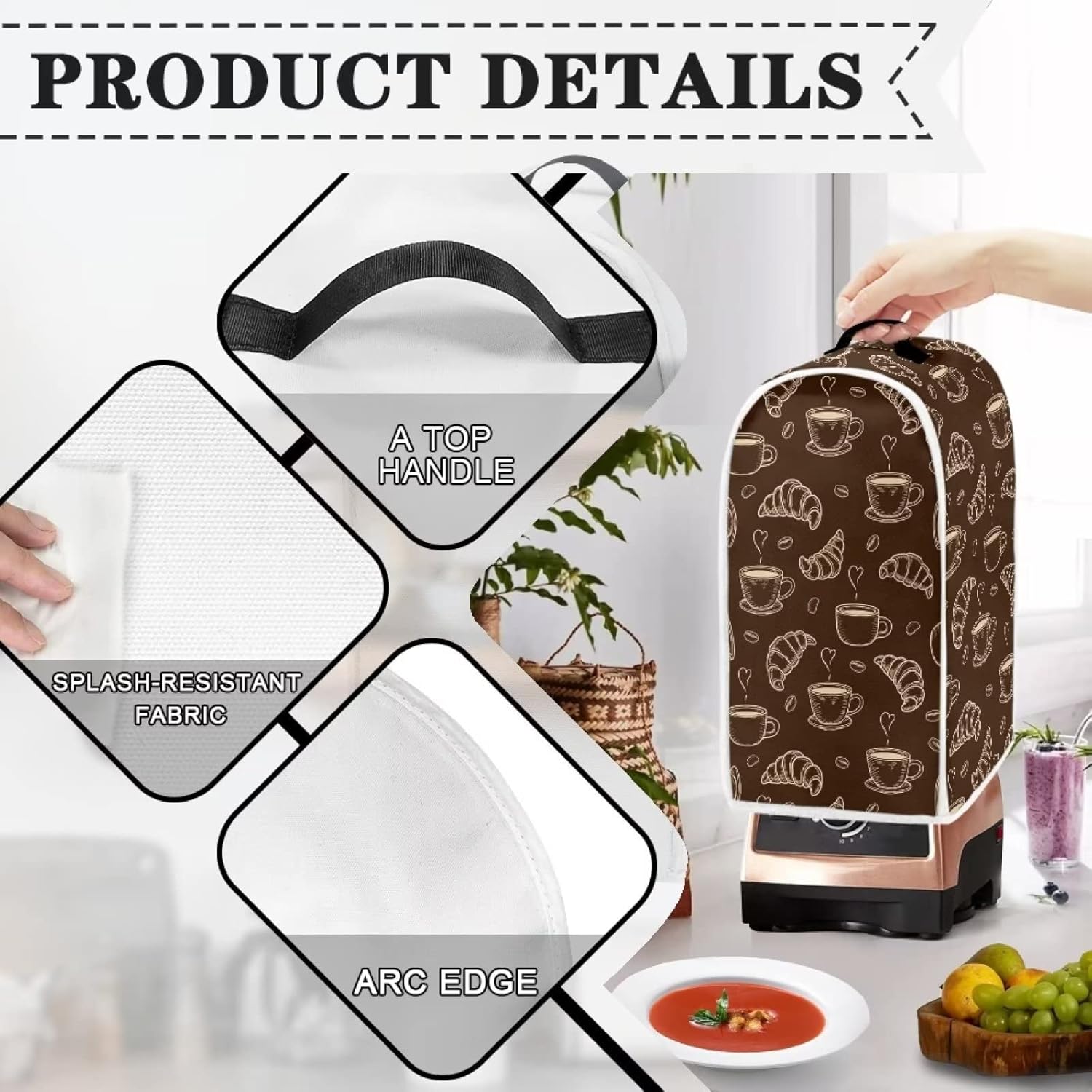 HUISEFOR Croissant – Fundas para licuadora con diseño de café, para electrodomésticos de cocina, cubierta antipolvo, lavable, antisalpicaduras, para