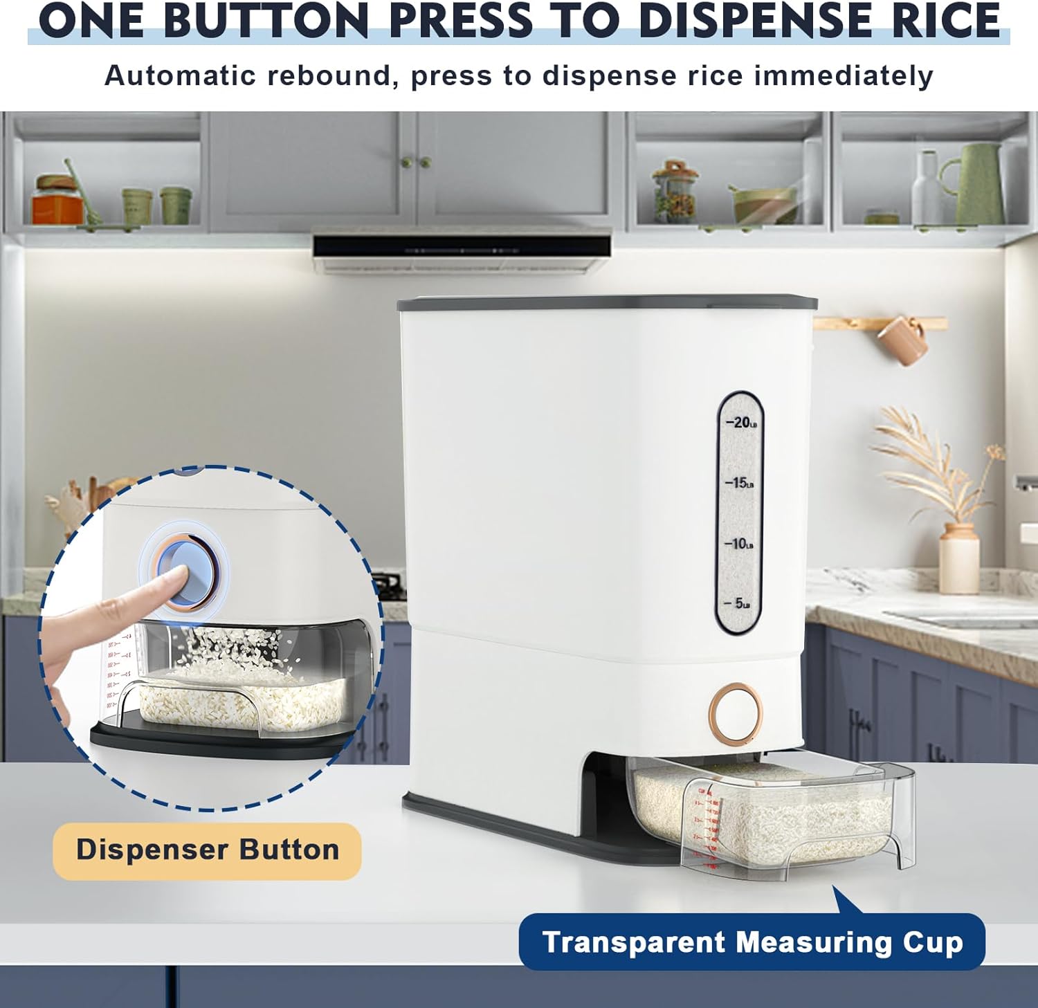 JOJOZOO Dispensador de arroz de 26.5 libras, recipiente grande de almacenamiento de cereales con taza medidora y escala de tiempo, recipiente de