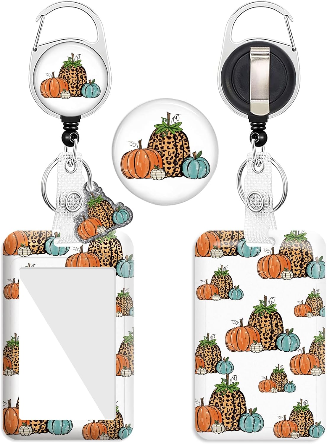 Carrete retráctil para tarjetas de Acción de Gracias de otoño, con colgante y llavero, etiqueta de nombre de calabaza de leopardo, protector de