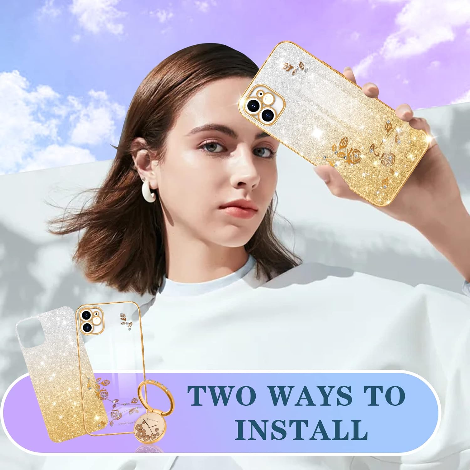 Coralogo Funda 3 en 1 para iPhone 11 con purpurina brillante para mujeres y niñas, cubierta brillante con bonito diseño floral dorado con anillo,