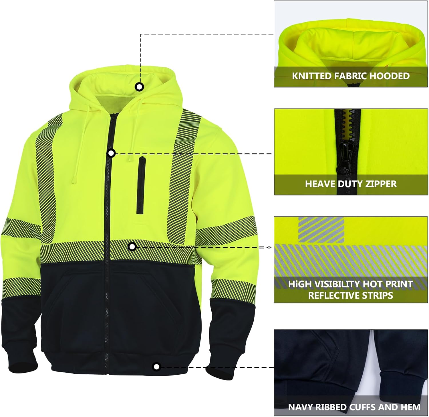 Alta visibilidad ANSI Clase 3 Reflectante de Seguridad Fleece Sudadera con capucha para hombres Hi Vis Sudaderas Chaqueta con cremallera