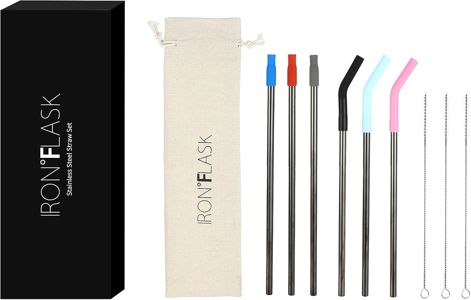 IRON FLASK Pajitas reutilizables, 6 popotes de acero inoxidable o plástico con puntas de silicona flexibles, 3 cepillos de limpieza y estuche de
