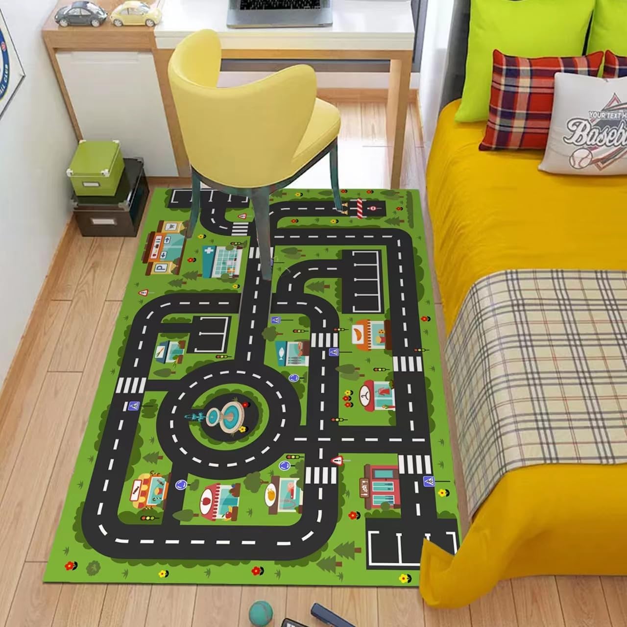 Analog ABC – Alfombra para niños, alfombra de juego para sala de juegos, alfombra de carretera de vida urbana para autos, divertido mapa de la