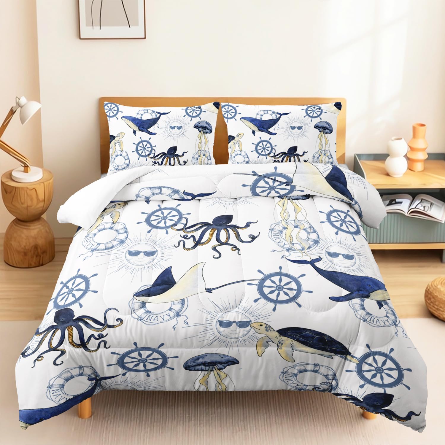 CVHOUSE Juego de edredón costero tamaño Queen, juego de ropa de cama con temática náutica azul para niños, juego de edredón de ancla oceánica, juego