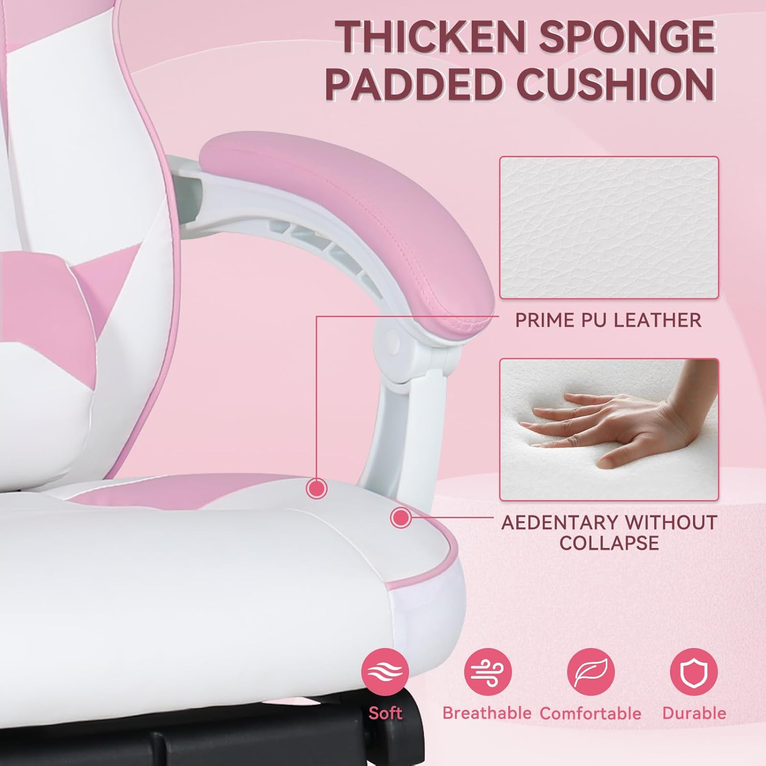 ELECWISH Silla de juegos rosa con masajeador, sillas de juegos de computadora con reposapiés para adultos, piel sintética, respaldo alto, estilo