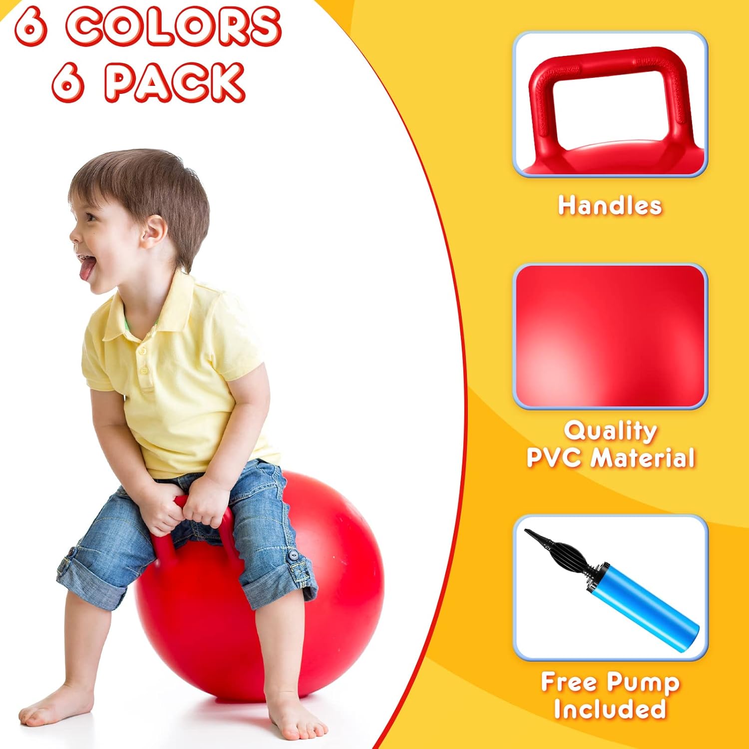 Lewtemi 6 bolas inflables de salto con mango y bomba de aire para ejercicio de juego deportivo al aire libre (rojo, azul, verde, rosa, amarillo,