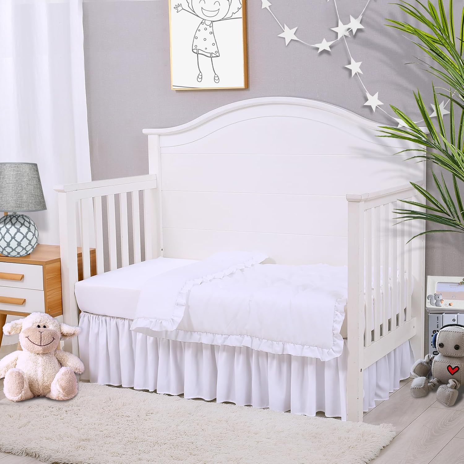 Cloele Juego de ropa de cama para cuna de bebé de 3 piezas, juego acolchado con volantes sólidos que incluye edredón, sábana bajera para niños y