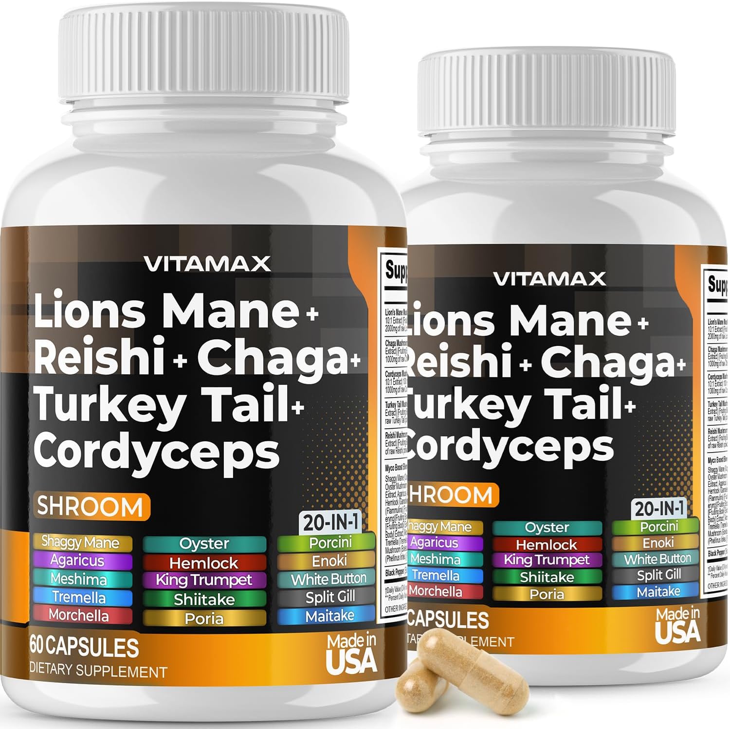Vitamax Seta de melena de leones, 3000 mg de cola de pavo 2000 mg Chaga y Reishi 1000 mg Cordyceps Shiitake White Elm King Trompeta Nameko Oyster