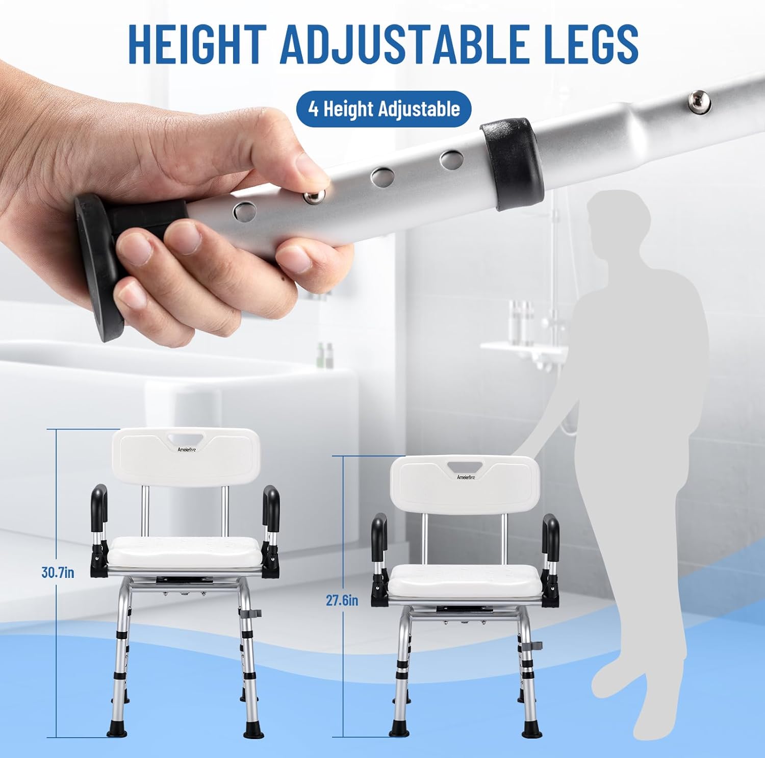 Ameierlive – Silla de ducha con reposabrazos y respaldo para ducha interior, asientos de baño con rotación de 360 para ancianos, discapacitados,