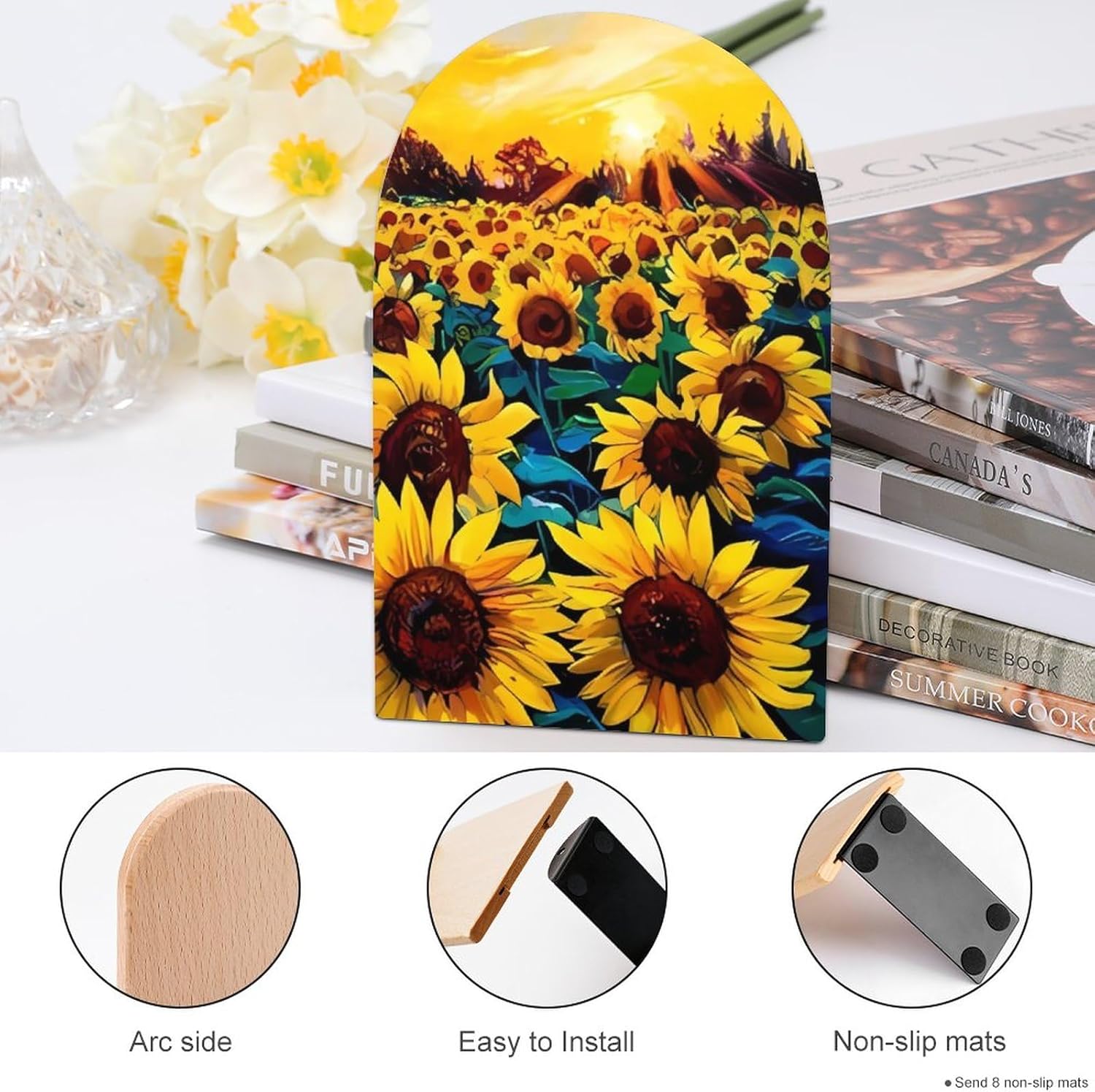 Sujetalibros de madera resistente para estantes de pintura al óleo de girasoles para estantes, antideslizantes, resistentes, decorativos, para el