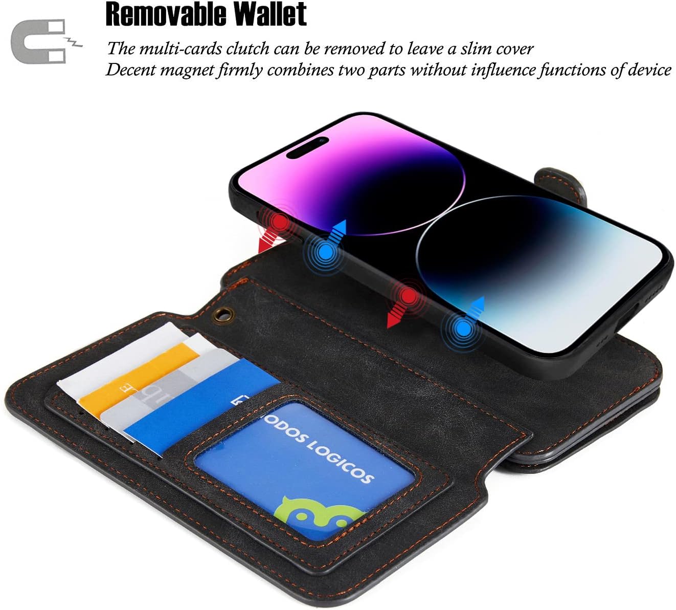 MODOS LOGICOS Funda compatible con iPhone 15 de 6.1 pulgadas, cartera desmontable, almacenamiento en efectivo con cremallera, hasta 14 ranuras para