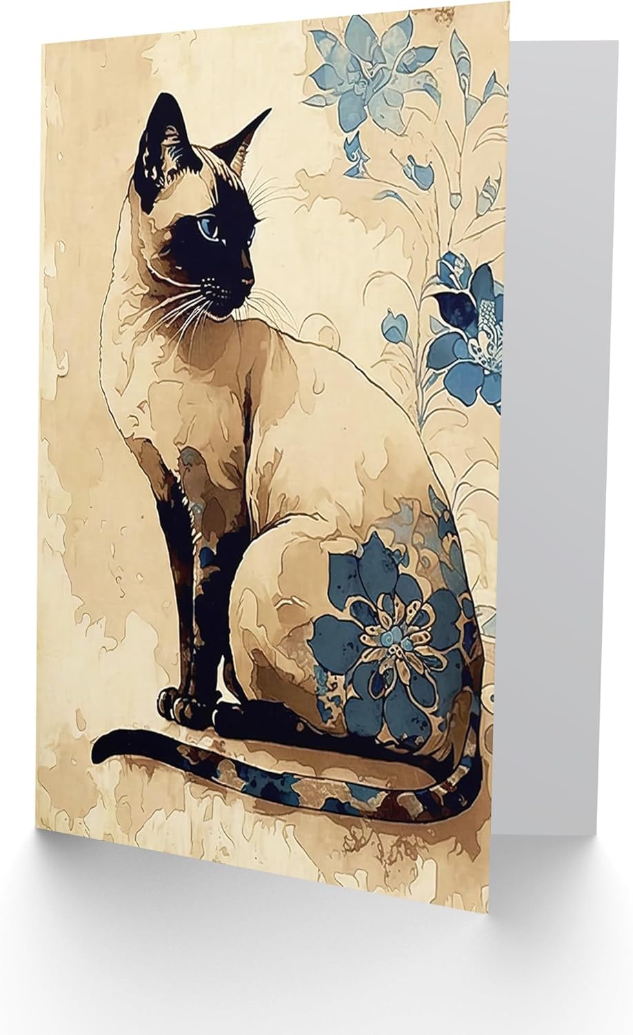 Artery8 Gato siamés con flores azules acuarela y tinta ilustración moderna arte cumpleaños sellada tarjeta de felicitación más sobre en blanco en el