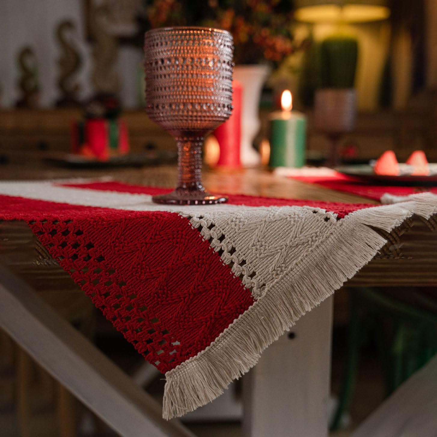 Juego de 4 manteles individuales de mezcla de lino y algodón con borlas, estilo bohemio, macramé, Navidad, Acción de Gracias, rústico, para regalo