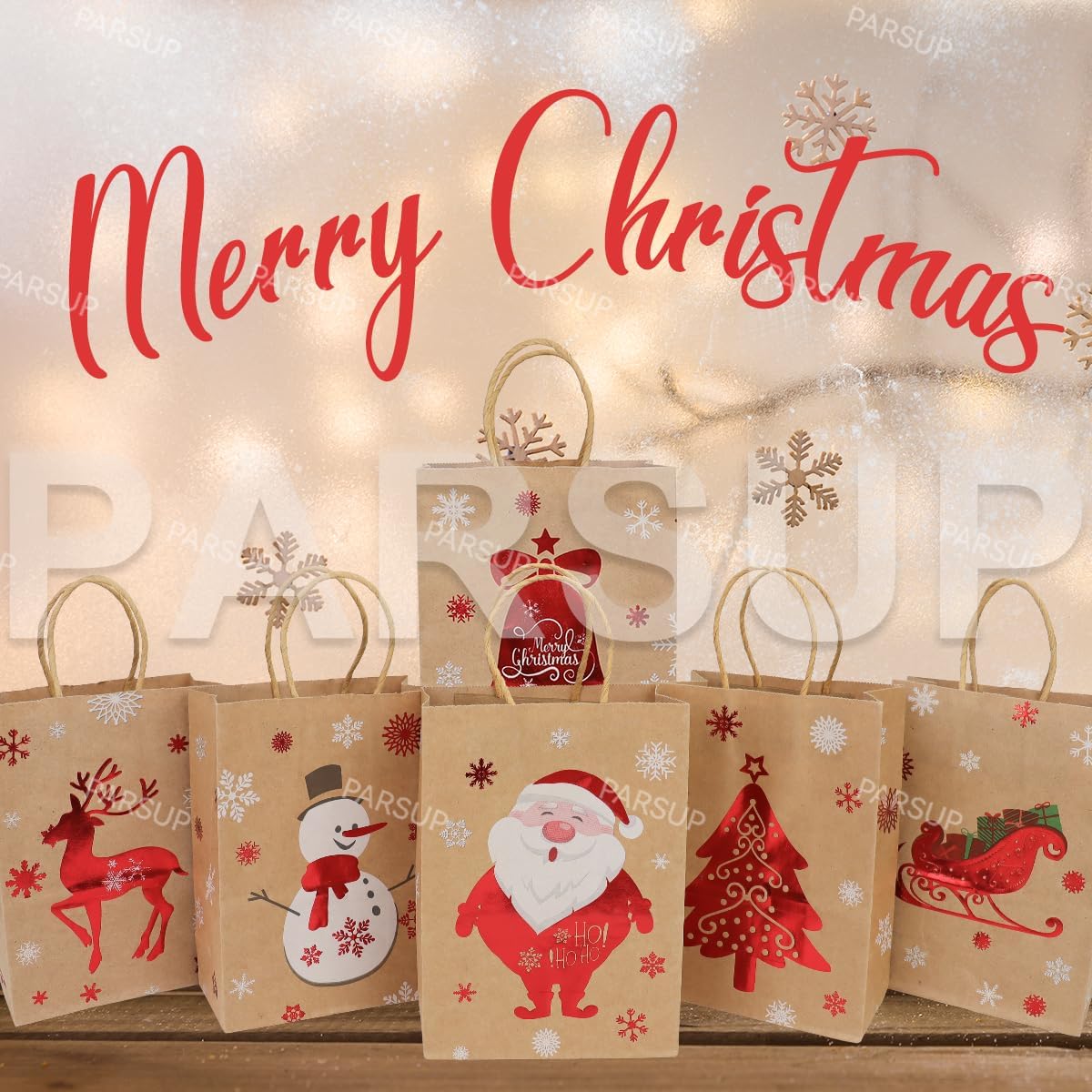 Bolsas de regalo de papel kraft de Navidad, 12 unidades de estilos surtidos, bolsas de papel pequeñas de Navidad con asas, bolsas de regalo de