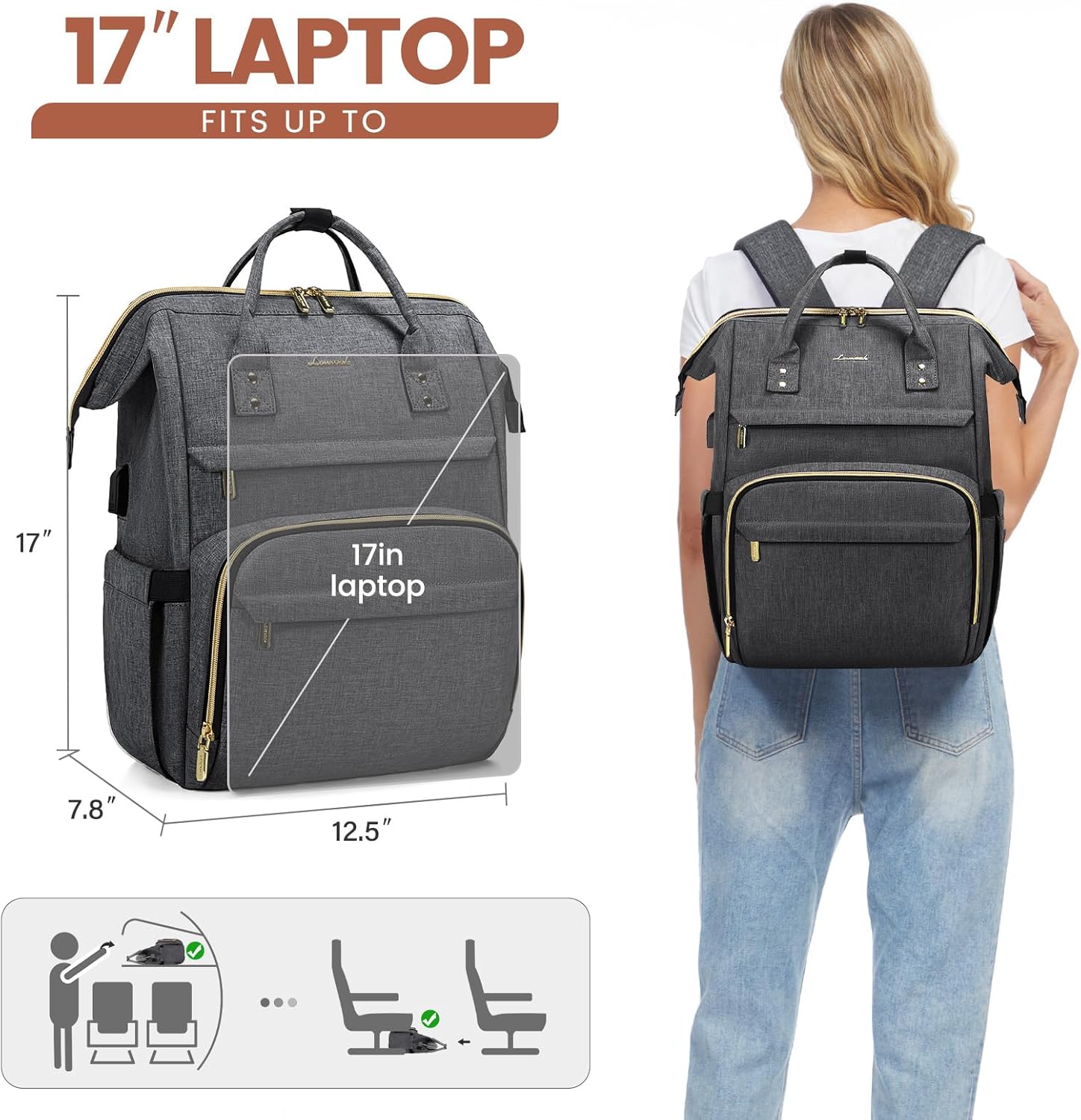 LOVEVOOK Mochila para laptop para mujer, mochila profesional de 17 pulgadas para mujer, mochila de viaje para computadora, laptop, mochila para