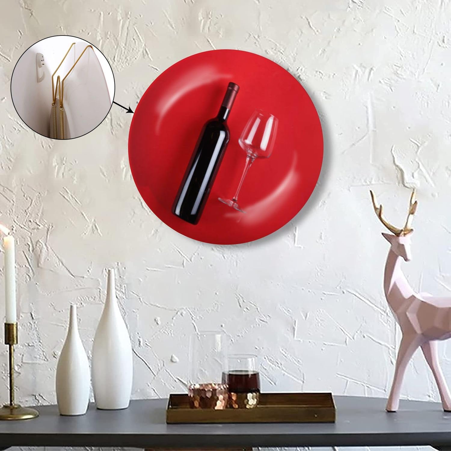Placa de cerámica para colgar en la pared, botella de vino, vidrio vacío, pintura roja, placa decorativa, placa de porcelana para sala de estar,