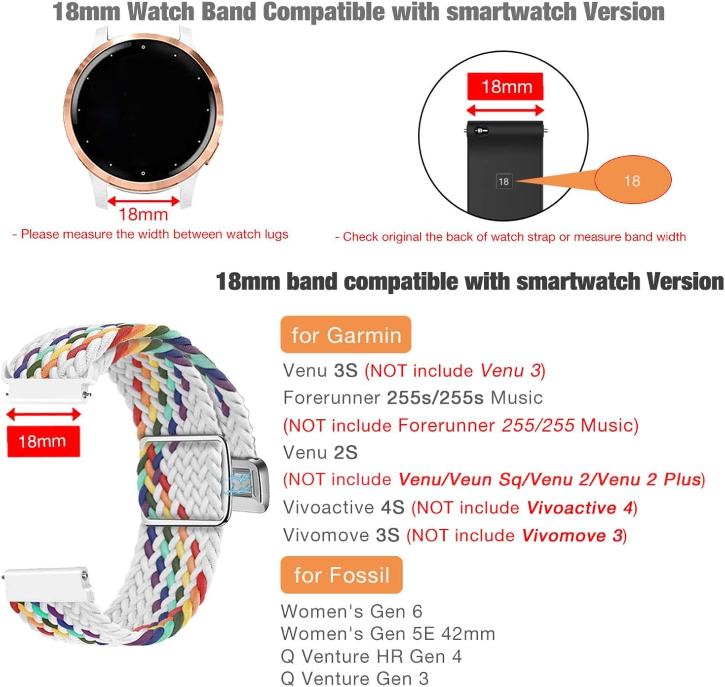 Abanen Correa de reloj trenzada de nailon elástico para Garmin Venu 2S  Vivoactive 4S  Vivomove 3SVenu 3S, correa elástica suave de 0.709 in con
