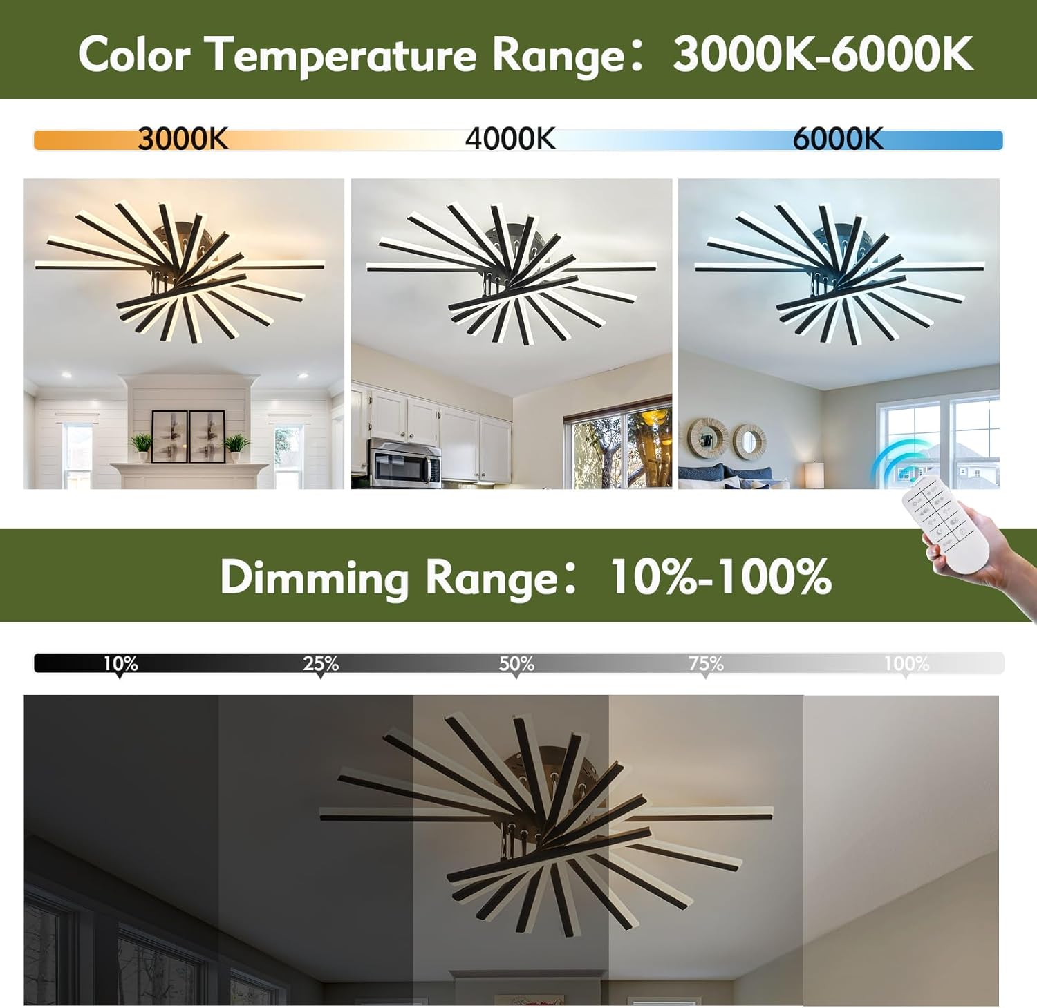 9 Lights Modern LED Sputnik Ceiling Light Fixture with Remote Control 80W Dimmable Black Flush Mount Chandelier 29.92in Acrylic Ceiling Light for