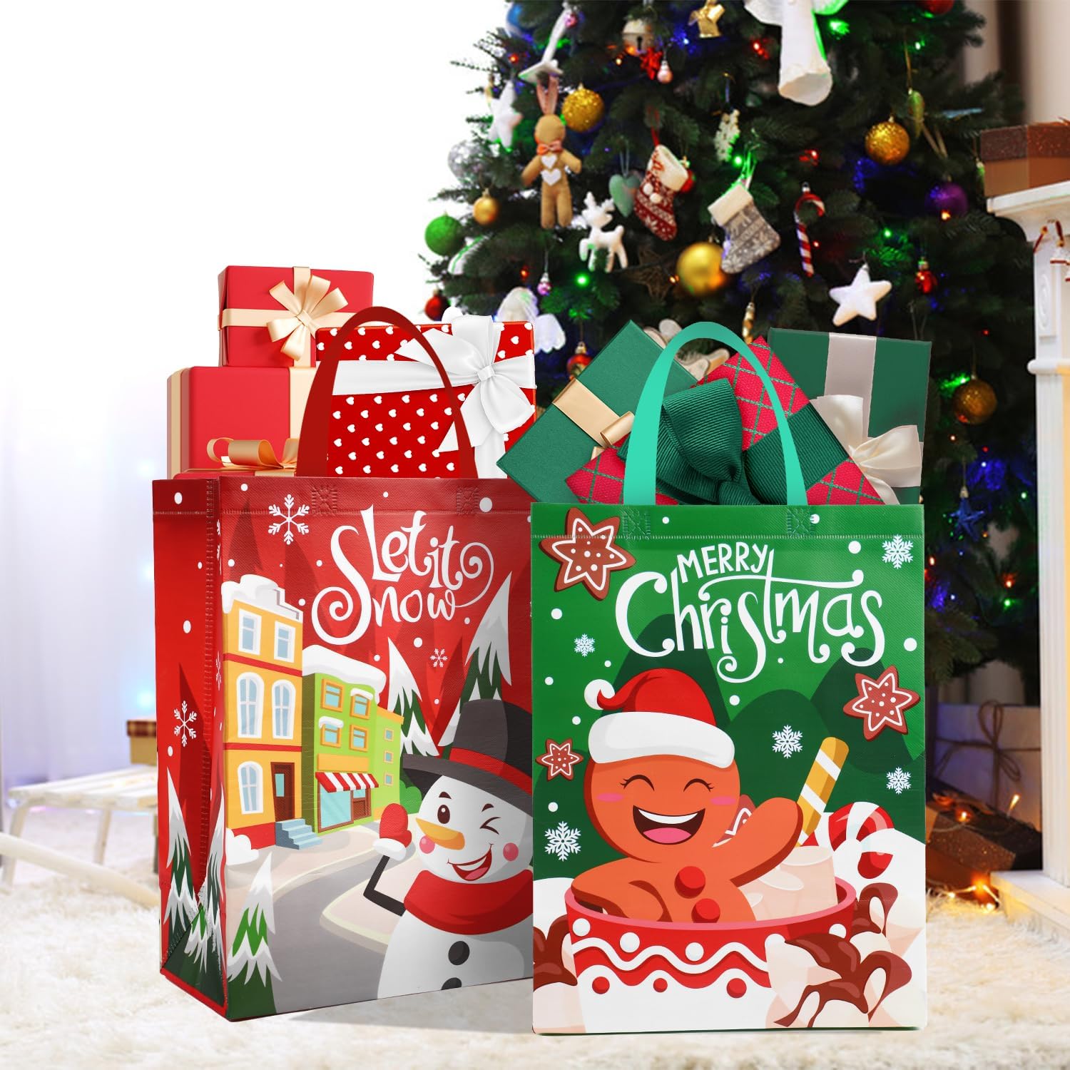 Paquete de 12 bolsas grandes de Navidad con asas, bolsa de regalo reutilizable, no tejida, bolsas de compras para suministros de fiesta de Navidad