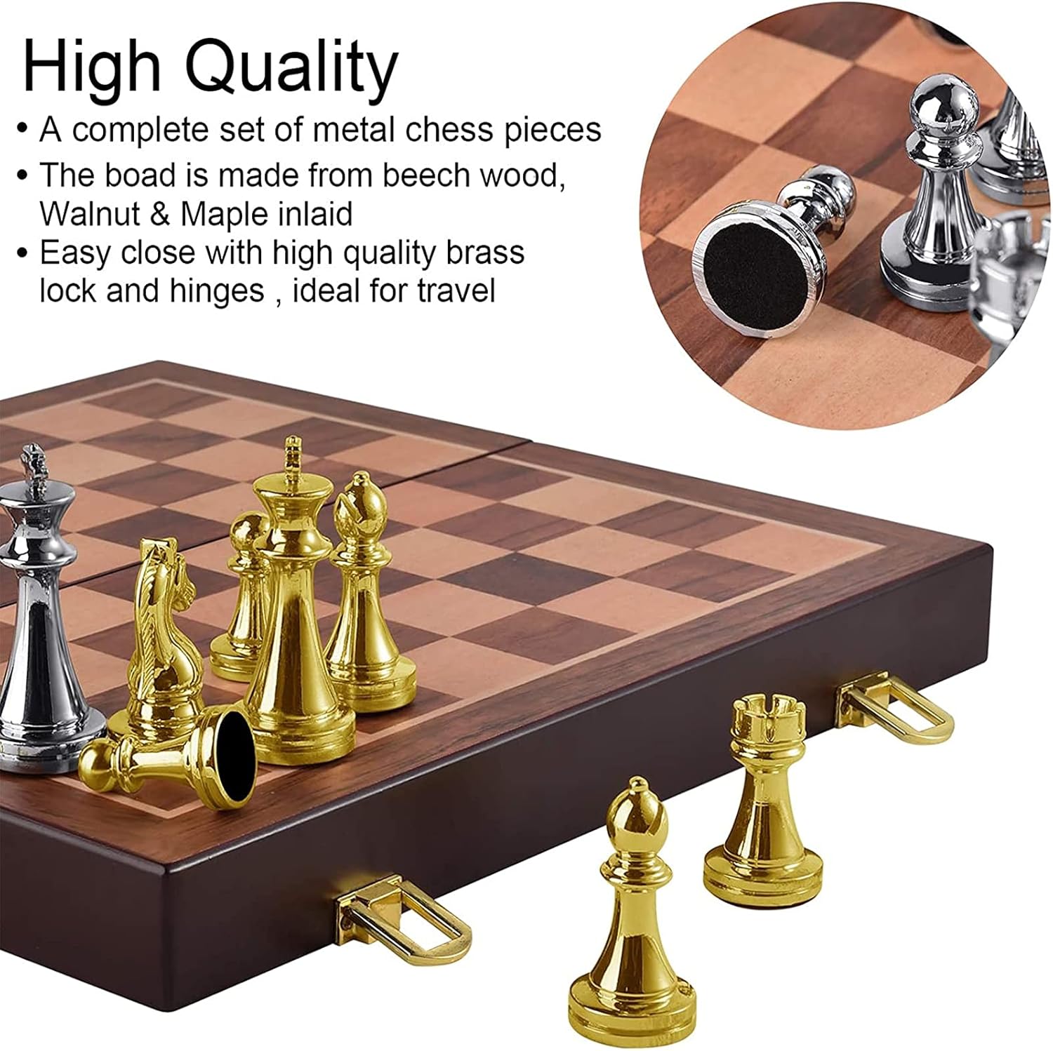 Juego de ajedrez de metal para adultos y niños, tablero de ajedrez de lujo de 12 pulgadas con piezas de ajedrez, juego de ajedrez de madera de viaje