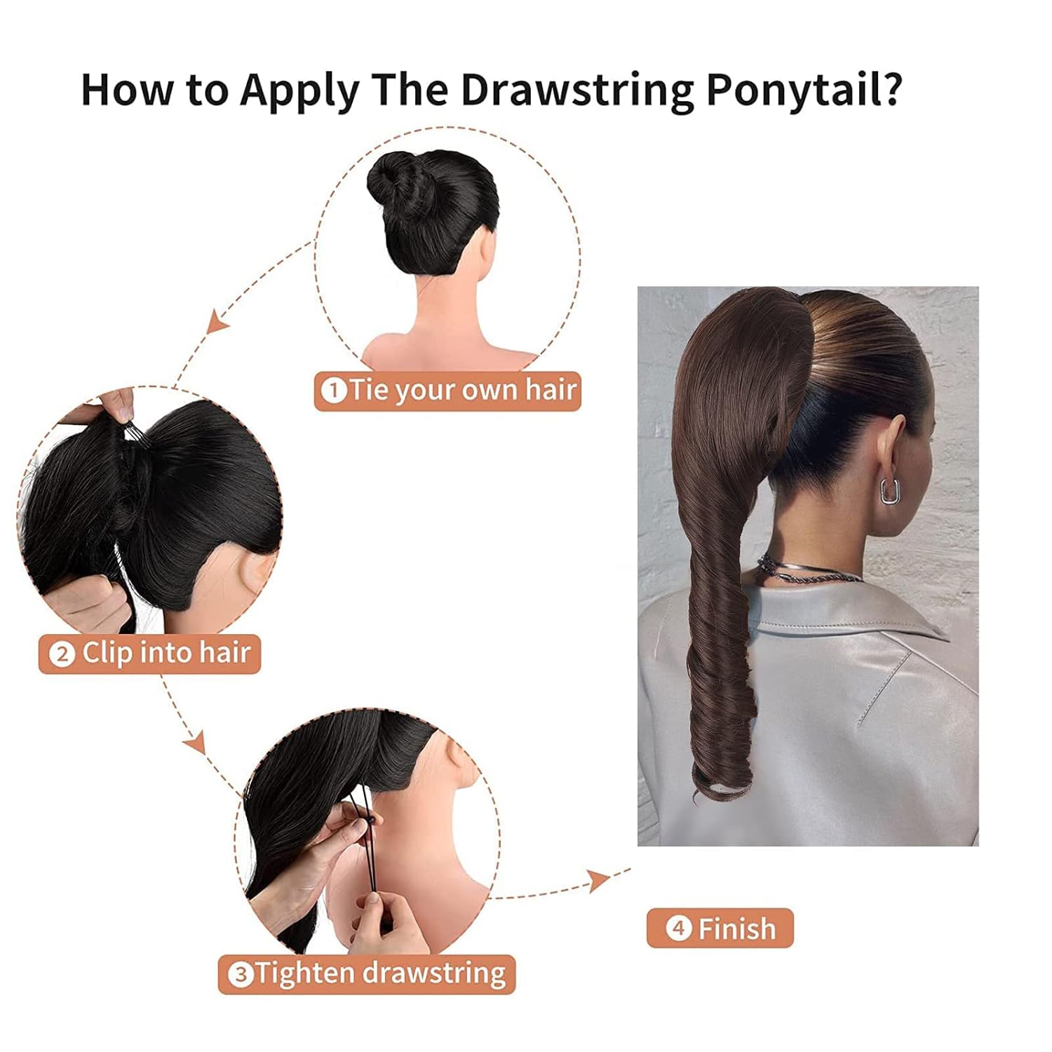 Oseti Extensión de cola de caballo rizada de 14 pulgadas, extensiones de cabello sintético corto ondulado marrón con cordón para mujer, extensiones