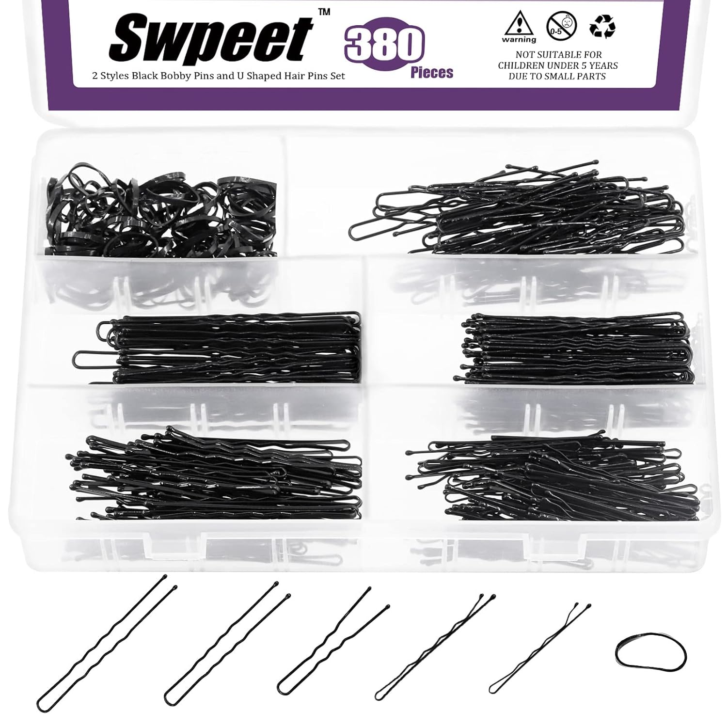 Swpeet Kit de 360 horquillas de 2 estilos y 380 horquillas negras con bandas de goma