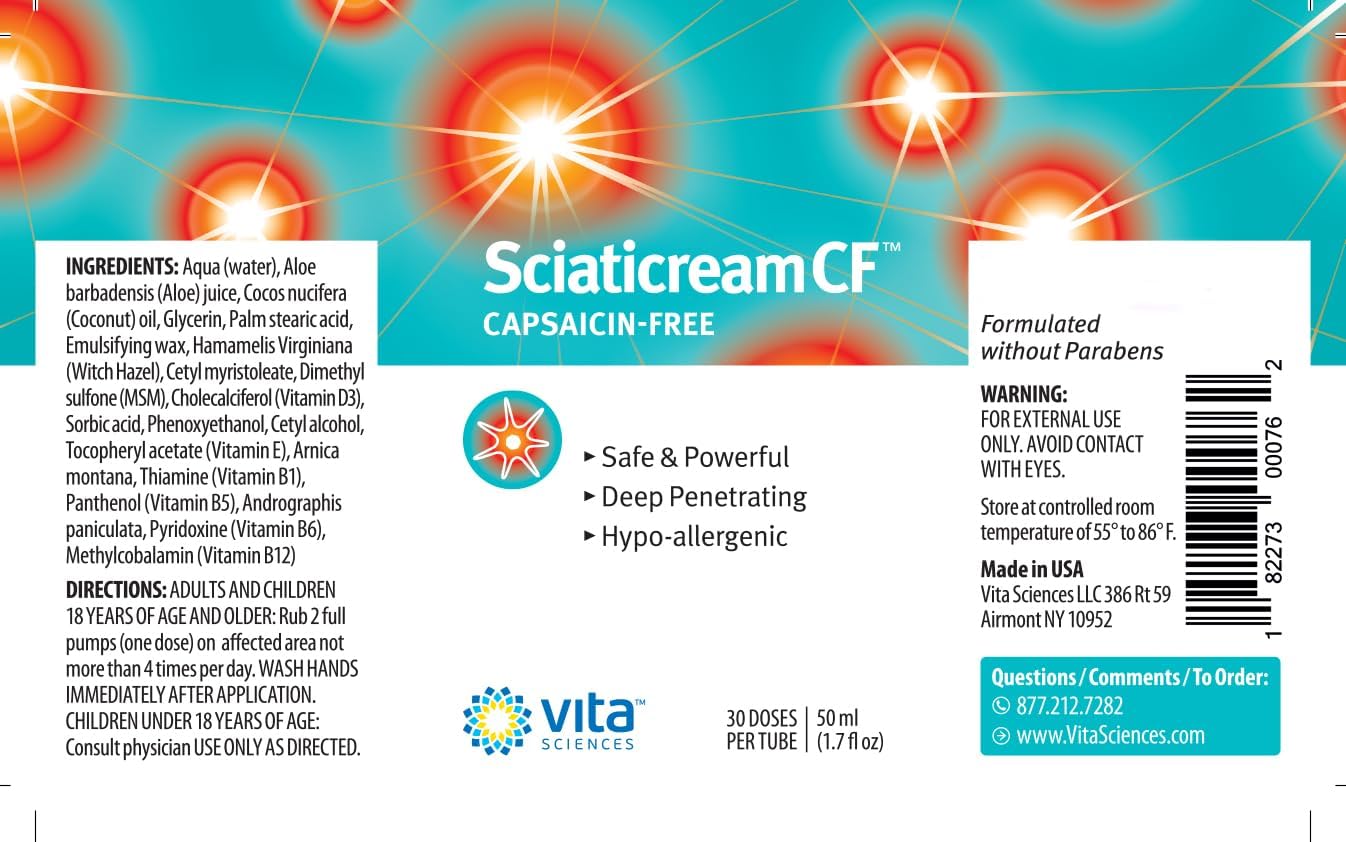 Vita Sciences Sciaticream CF Crema calmante rápida para el nervio ciático con base de árnica, B1, B5, B6, MSM, aloe y aceite de coco. Sin