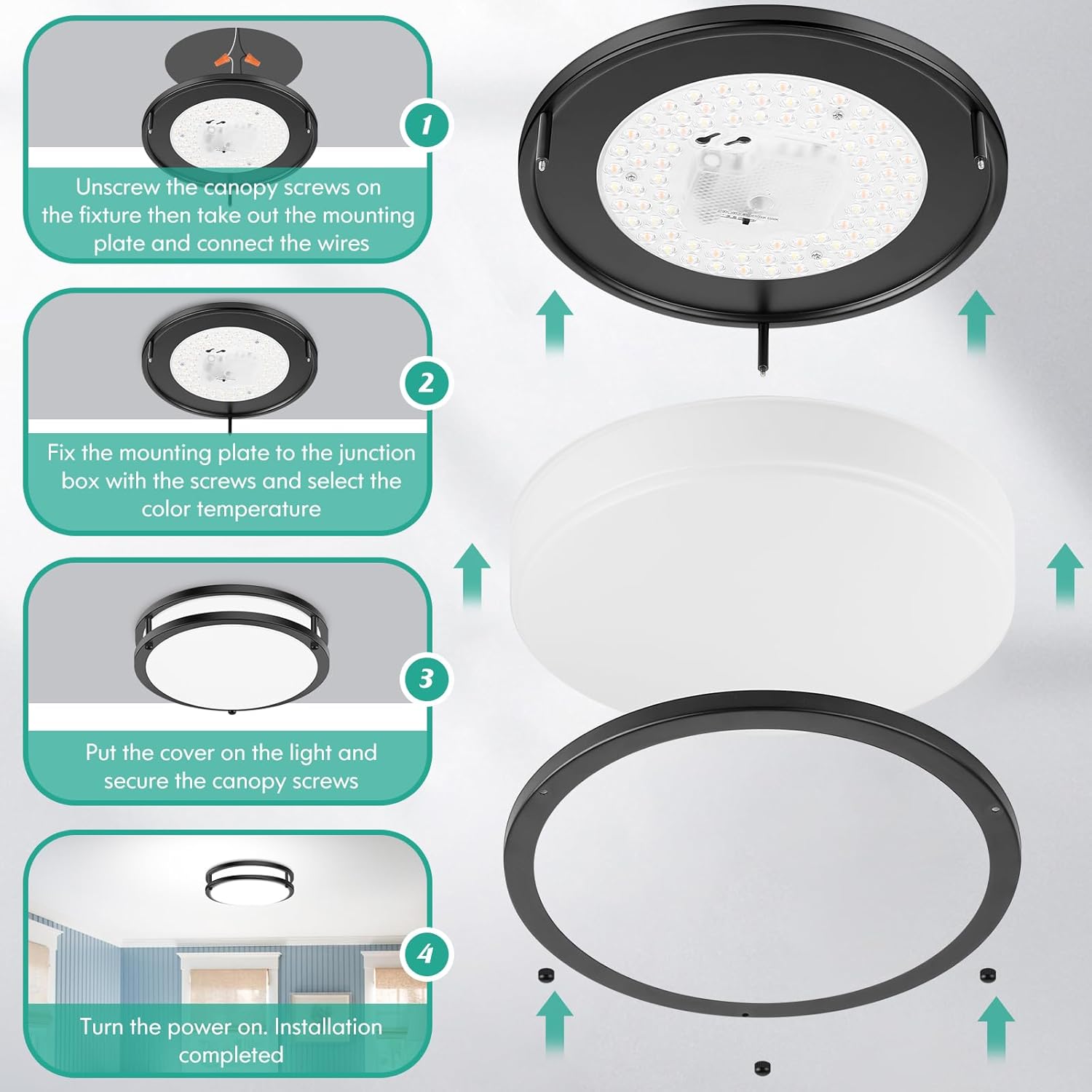 Lámpara de techo empotrada negra, 30 W, 4000 lm, 5CCT, regulable, lámpara de techo LED, 2700 K3000 K4000 K5000 K6500 K, ajustable, 10 pulgadas, para