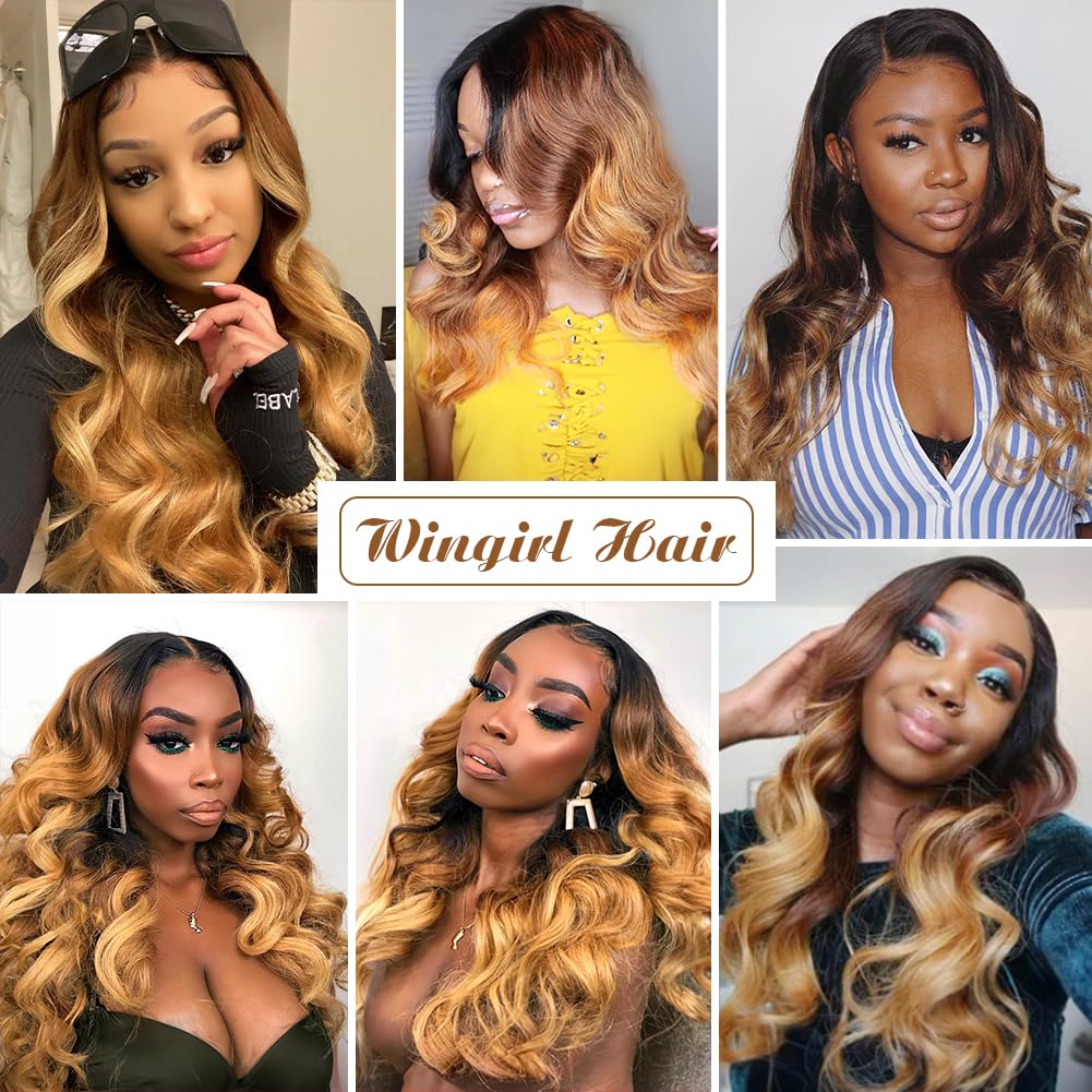 Wingirl Extensiones de cabello humano degradado de grado 10A rubio miel (T1B427 18 20 22 pulgadas) 100% sin procesar, mechones de cabello humano