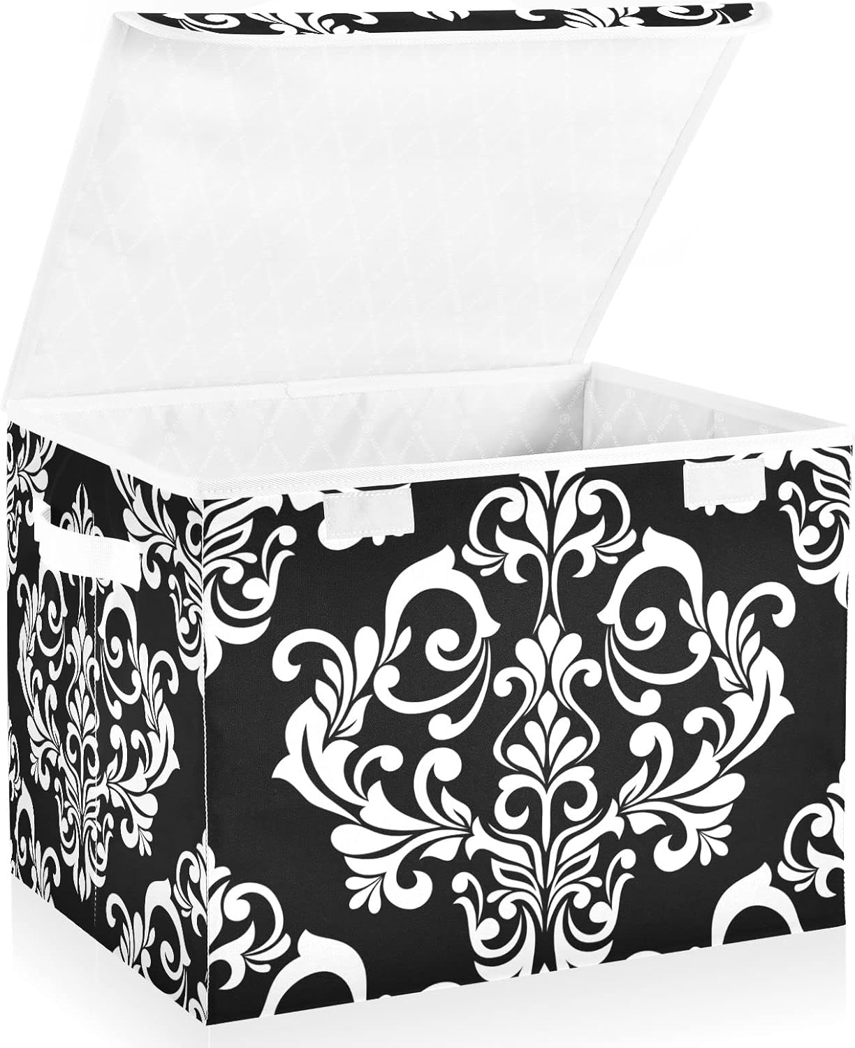 Cesta de almacenamiento con diseño floral barroco de damasco negro con tapas y asa, cubo de almacenamiento grande plegable para estantes, armario,