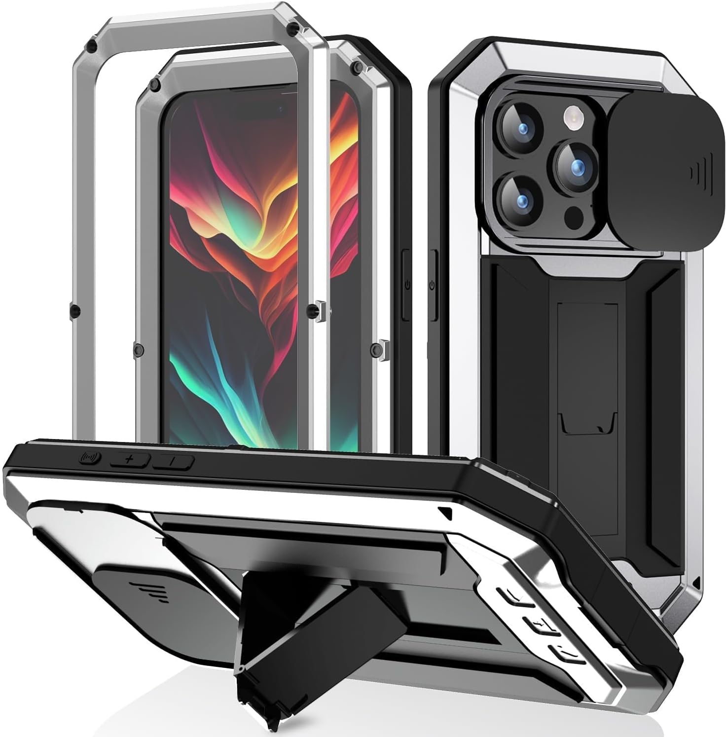 Funda de teléfono para iPhone 15 Pro Max con protector de pantalla de grado militar, cubierta de cuerpo completo, soporte de parachoques de metal,