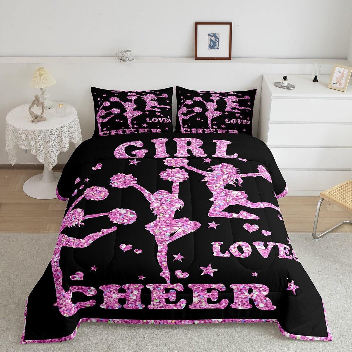 Feelyou Juego de edredón de animadoras para niñas, juego de ropa de cama para hija y niña, decoración con purpurina rosa, juego de edredón de