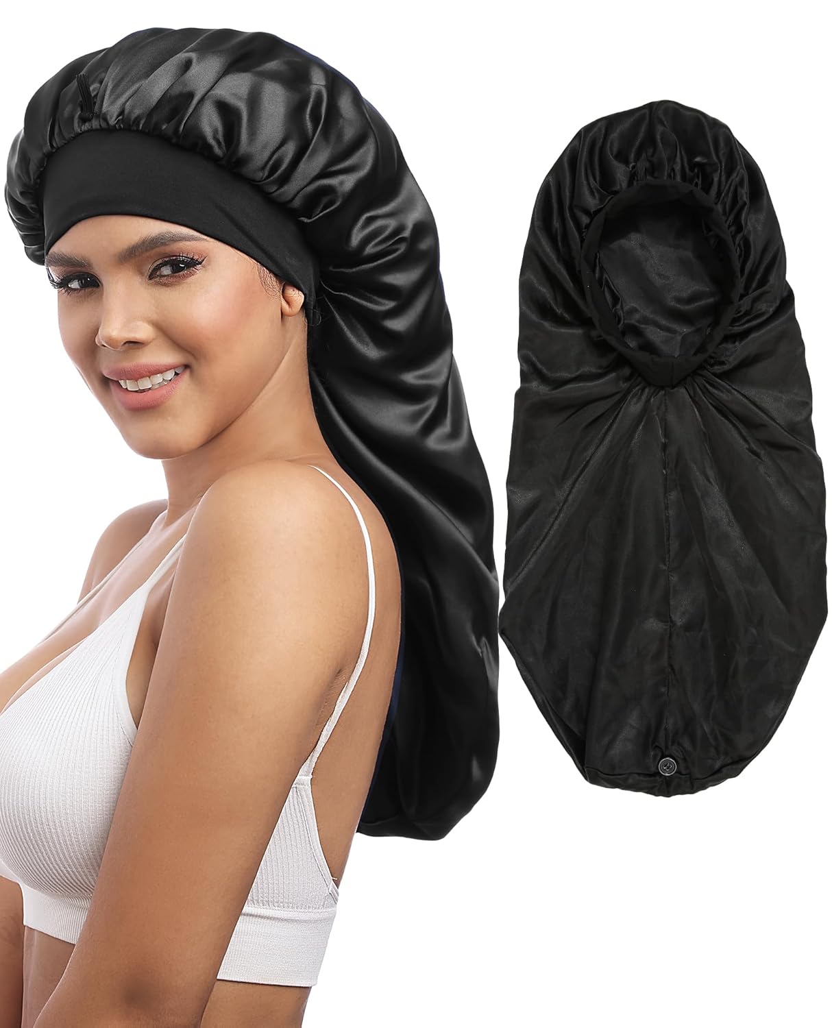 AWAYTR Gorro largo de satén para mujer, gorro de seda de 2 capas para trenzas, gorro de dormir elástico con gorro de noche de banda ancha (negro)