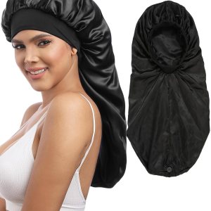 AWAYTR Gorro largo de satén para mujer, gorro de seda de 2 capas para trenzas, gorro de dormir elástico con gorro de noche de banda ancha (negro) AWAYTR Gorro largo de satén para mujer, gorro de seda de 2 capas para trenzas, gorro de dormir elástico con gorro de noche de banda ancha (negro)
