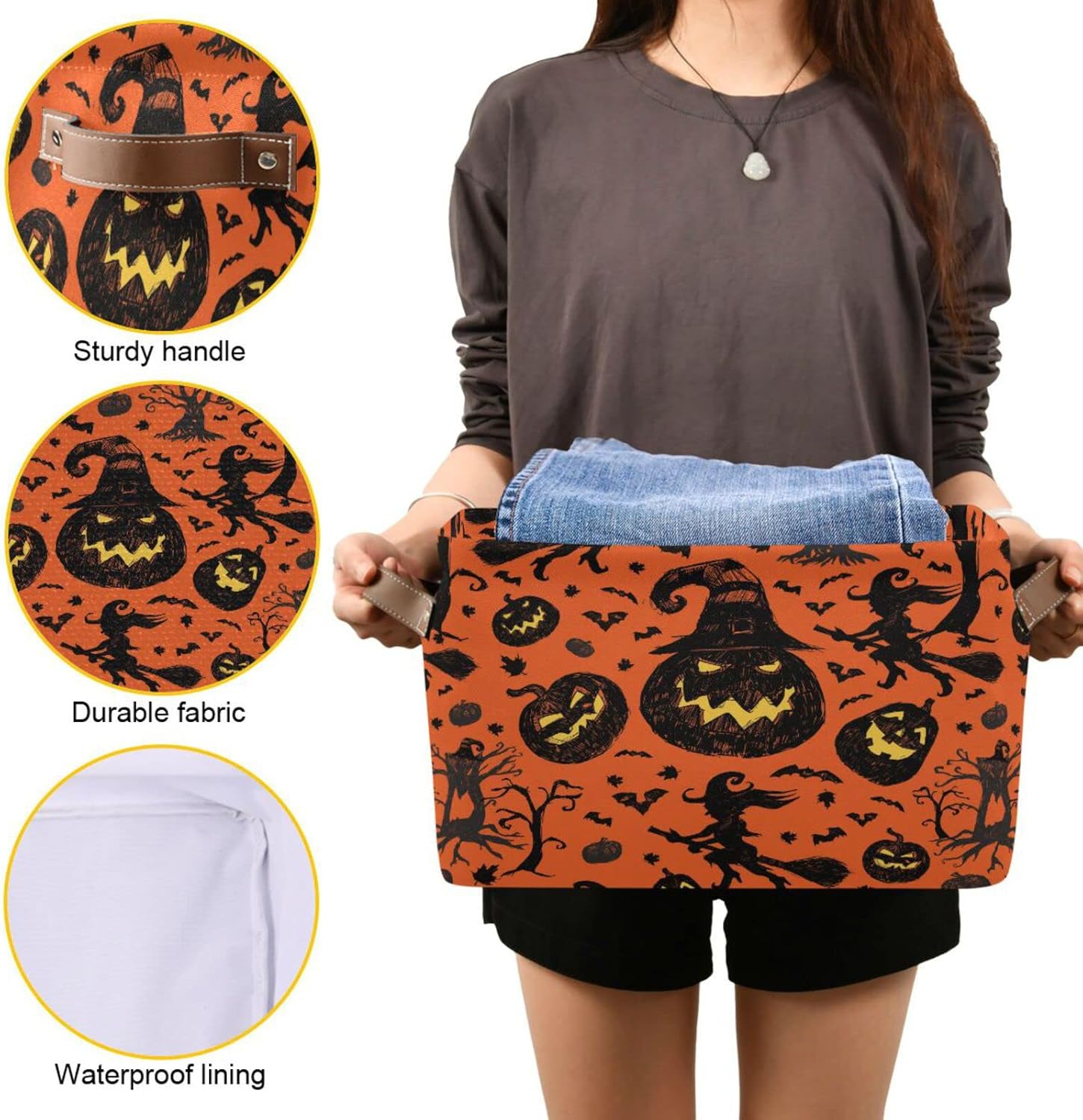 Wusikd Cesta de almacenamiento de Halloween naranja y negra, juego de 1 canasta grande de tela de calabaza y bruja, cubo con asas, plegable, estante