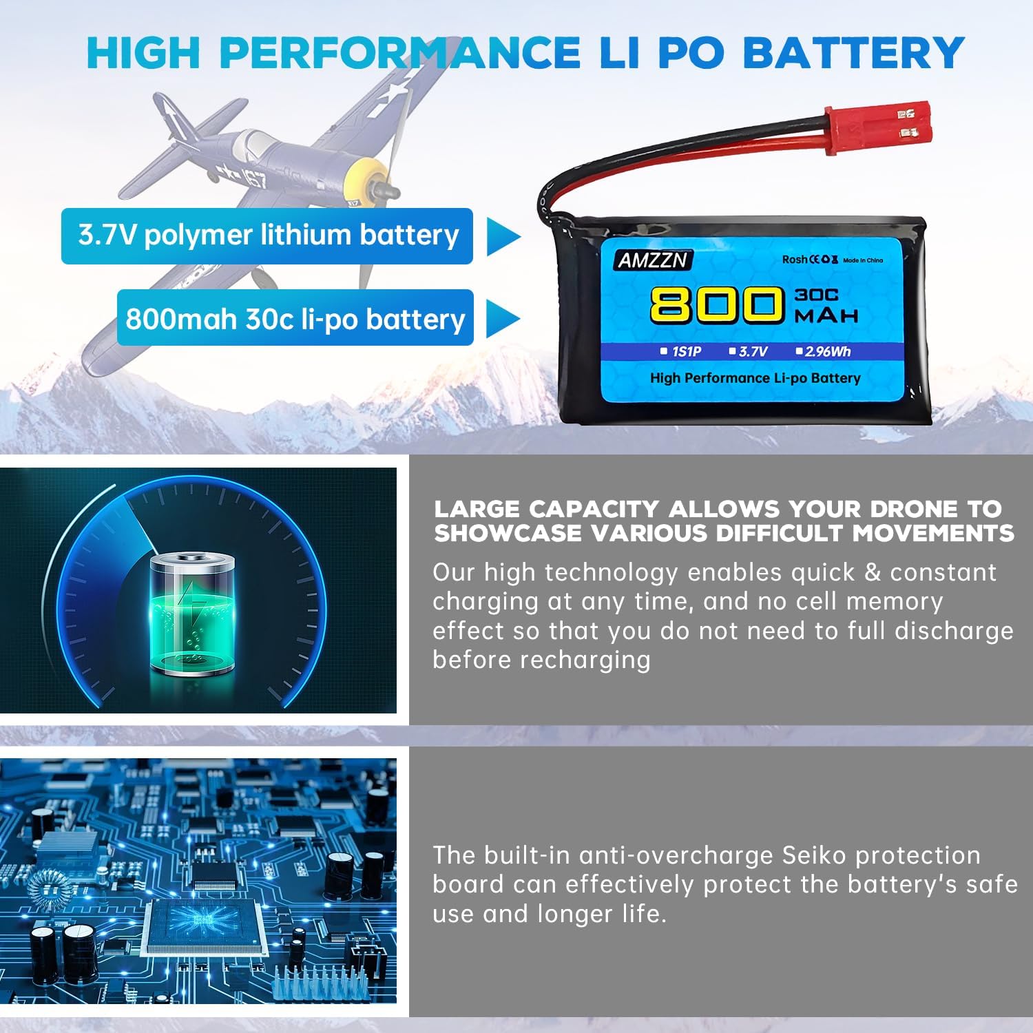 Batería Lipo de 3.7 V, 800 mAh, 30C, batería de drones RC con 2 conectores USB JST para SYMA X56W MJX X400W X300C X800 HS110 HS200 S670 V950hd S1750